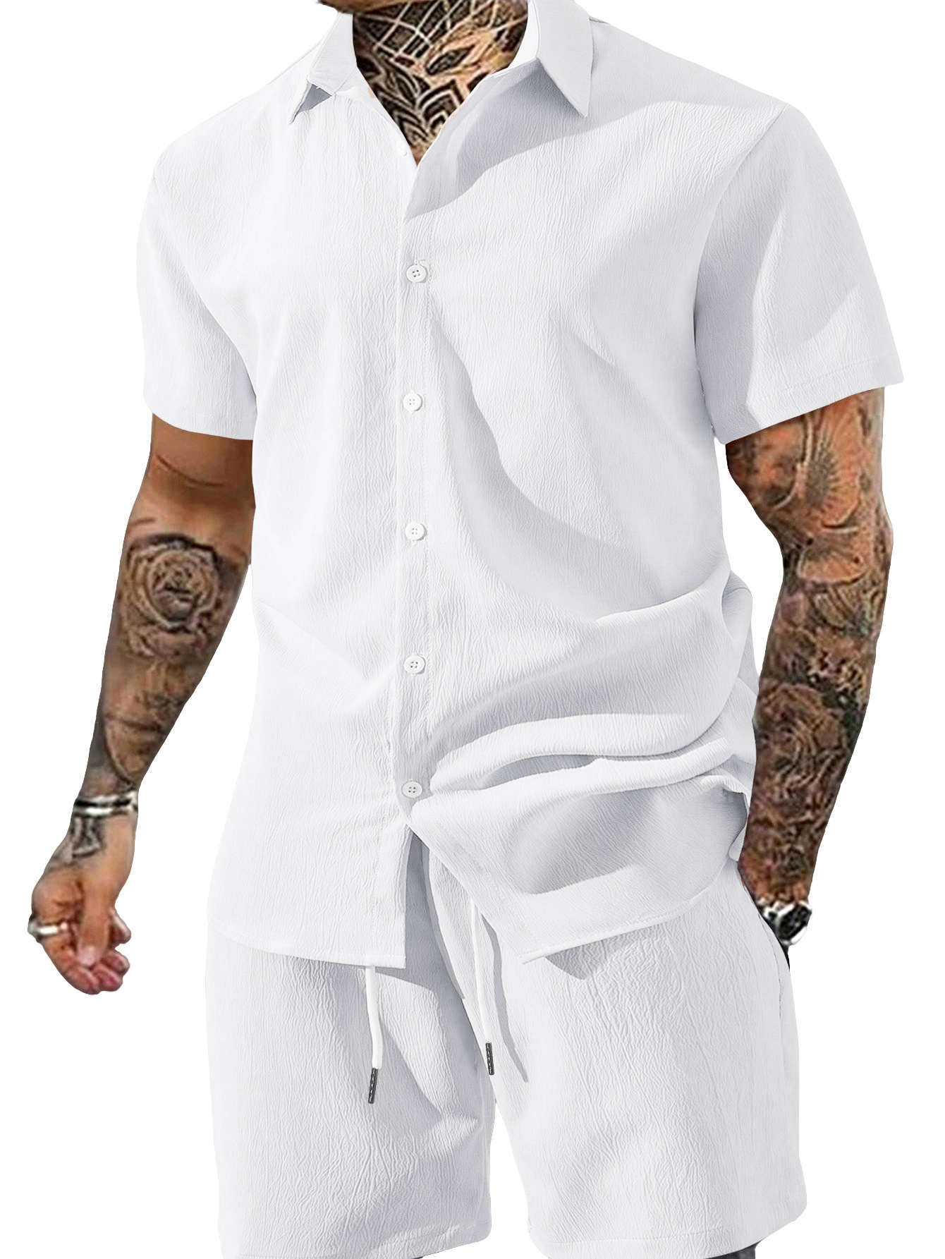 Nuevo transfronterizo Europa y América Amazon verano hombre nuevo color sólido camisa de botón de solapa de manga corta pantalones cortos set hombre