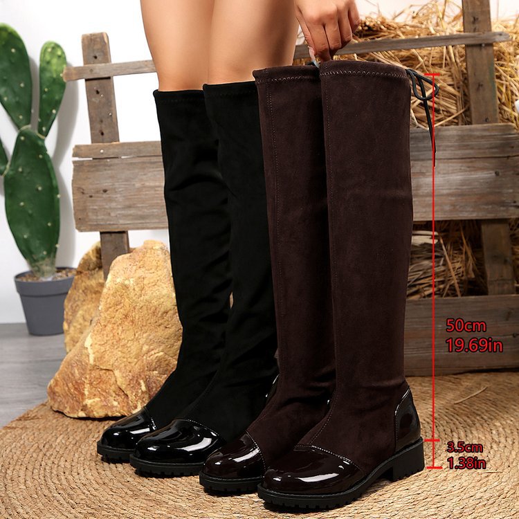 2025 New Cross-Border Large Size Elastic Knee-High Strap High-Heeled Spliced ​​Boots Dropshipping