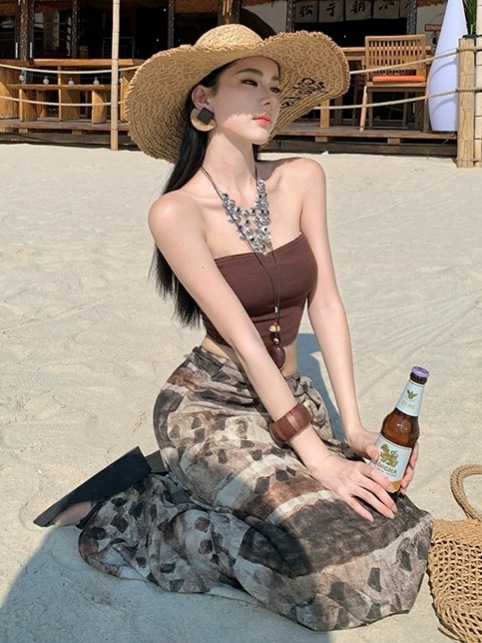 海岛慵懒度假风套装女辣妹短款抹胸背心不规则印花半身长裙两件套