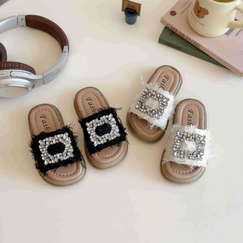Girls' Fashion Rhinestone Square Buckle Slippers Outer Wear Slip-on 2025 Summer New Korean Style Girls' All-match Sandals