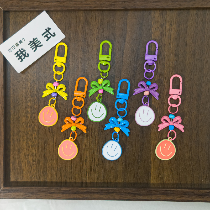 Colorful O07 Candy-Colored Fresh Smiley Face Pendant with Ribbon Bow Decoration, Girly Keychain Bag Accessory