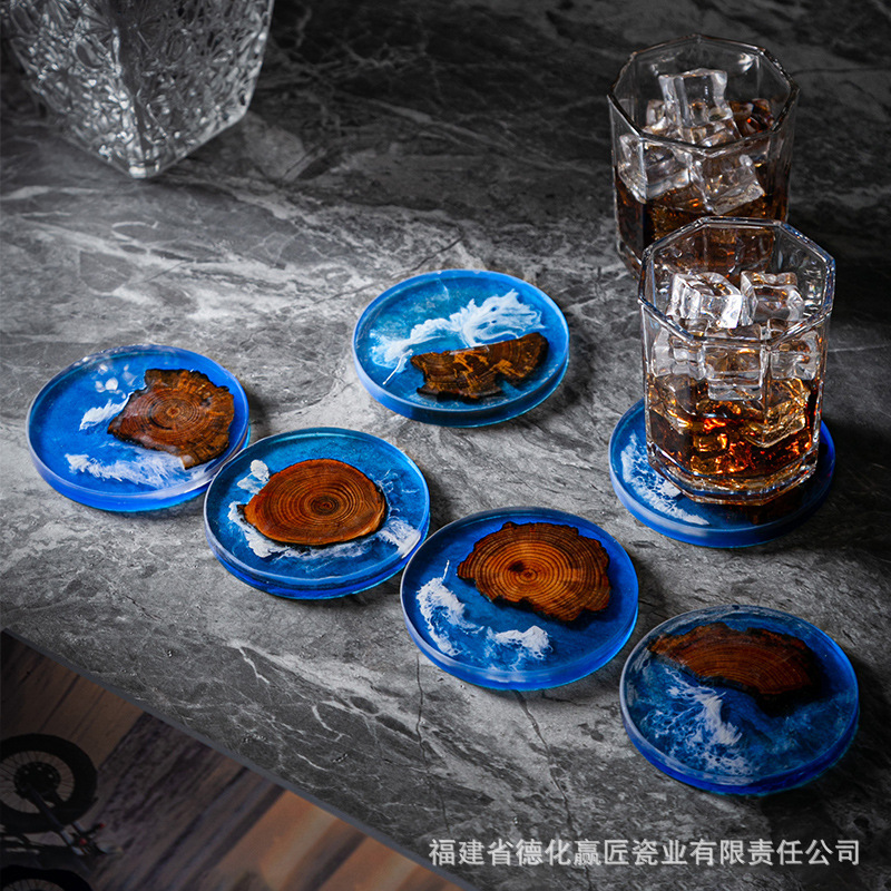 Cruz-frontera norte de pino epoxi resina río montaña azul estera de aislamiento olla teniendo madera maciza Zen onda titular de la taza