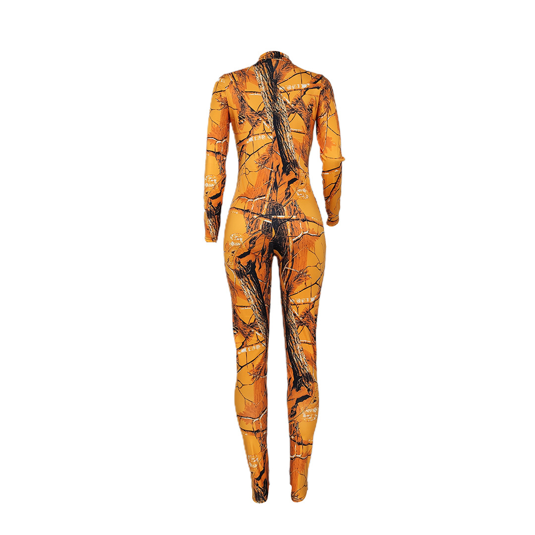 printed zipper long sleeve stand collar tight jumpsuit NSGMT121762