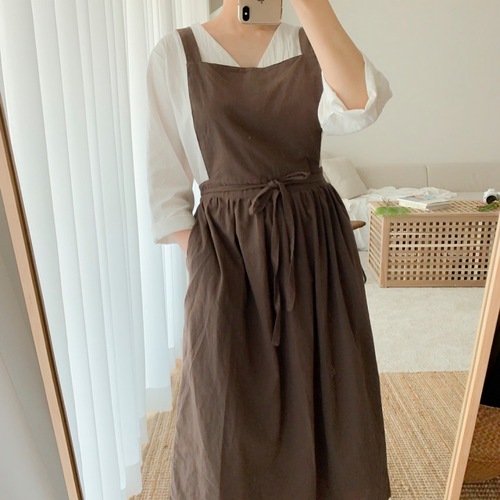 Cross-border Amazon Korean version plus size long cotton linen apron floral robe milk tea nail apron waist pouch workwear