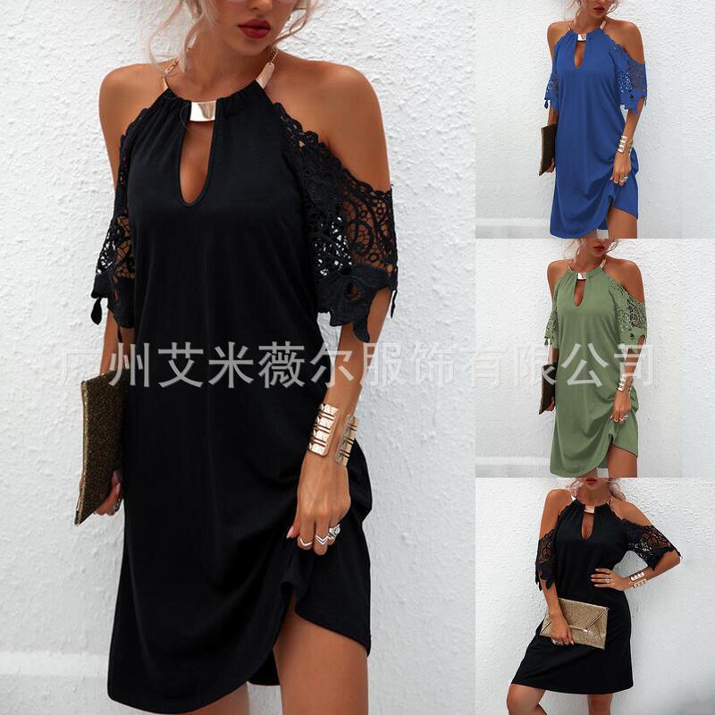 Aliexpress 2022 Summer European and American Women's Fashion Crochet Hollow Out Metal Halter Sexy Off-Shoulder Dress