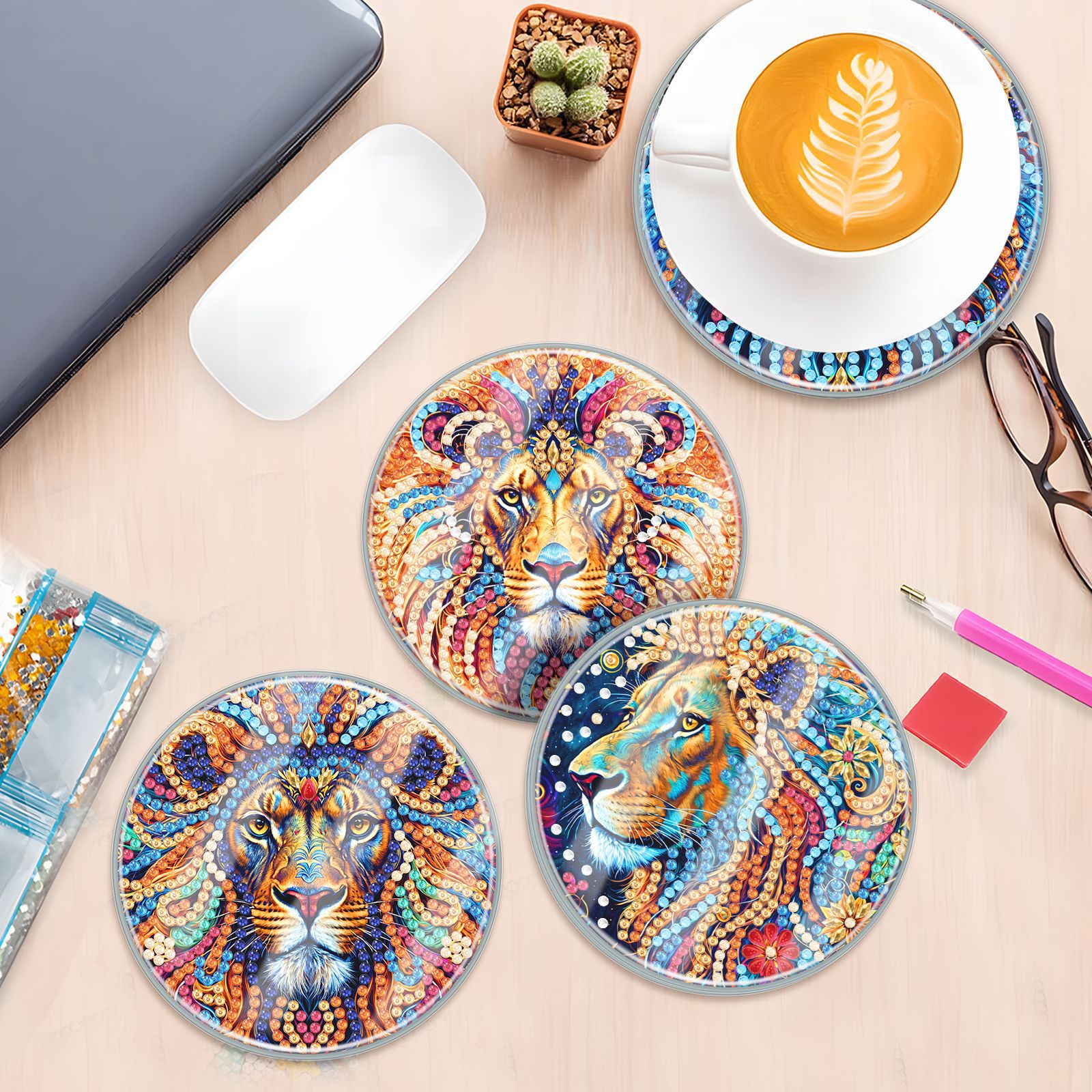 Diamante pintado perímetro DIY puntuación de mano Mandala dibujos animados 4 piezas juego de tazas de taza con tapa de taza al por mayor