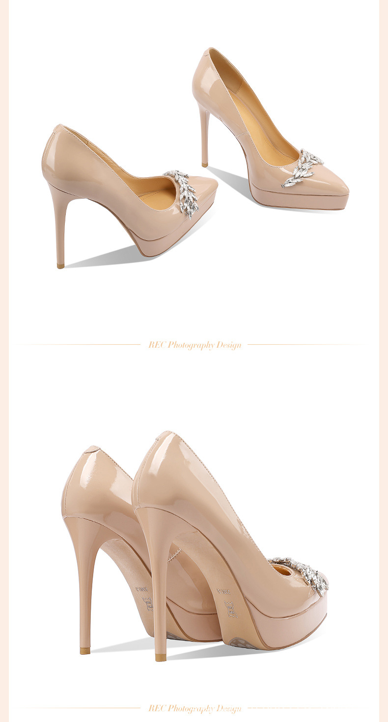 Giày cao gót nữ mũi nhọn da thật, gót siêu cao 14 cm, đế platform, đính đá rhinestone — Màu nude 10cm chi tiết 4