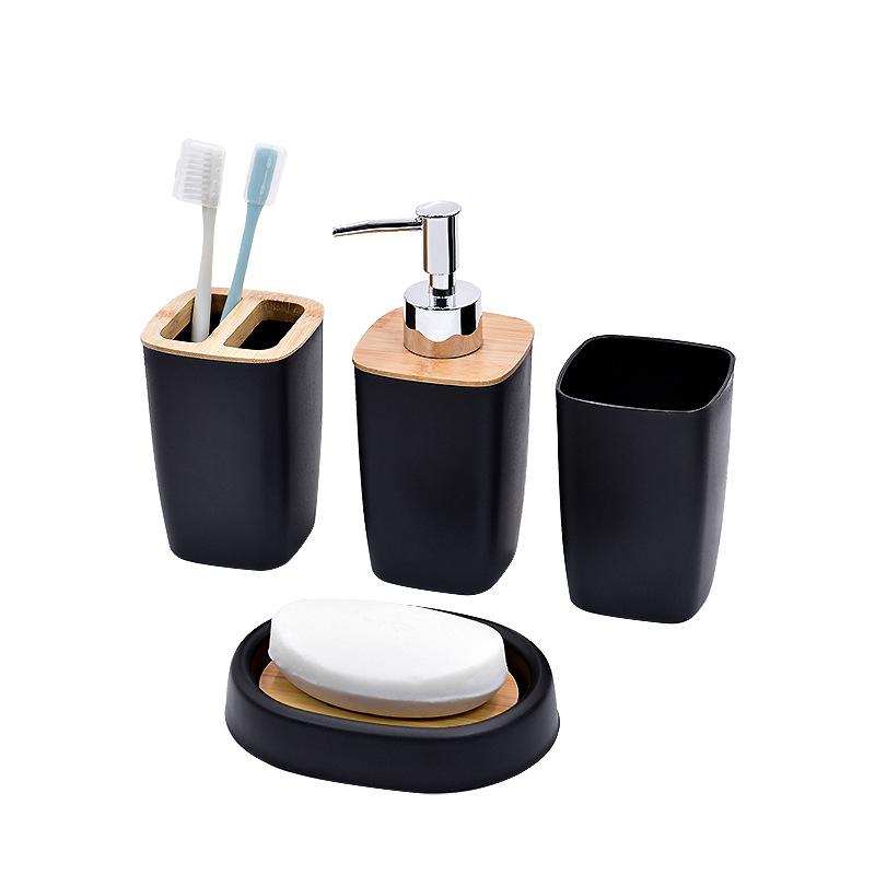 Baño de lujo ligero conjunto de artículos de baño de ocho piezas de baño taza de baño de bambú y madera conjunto de adornos de cepillo de inodoro