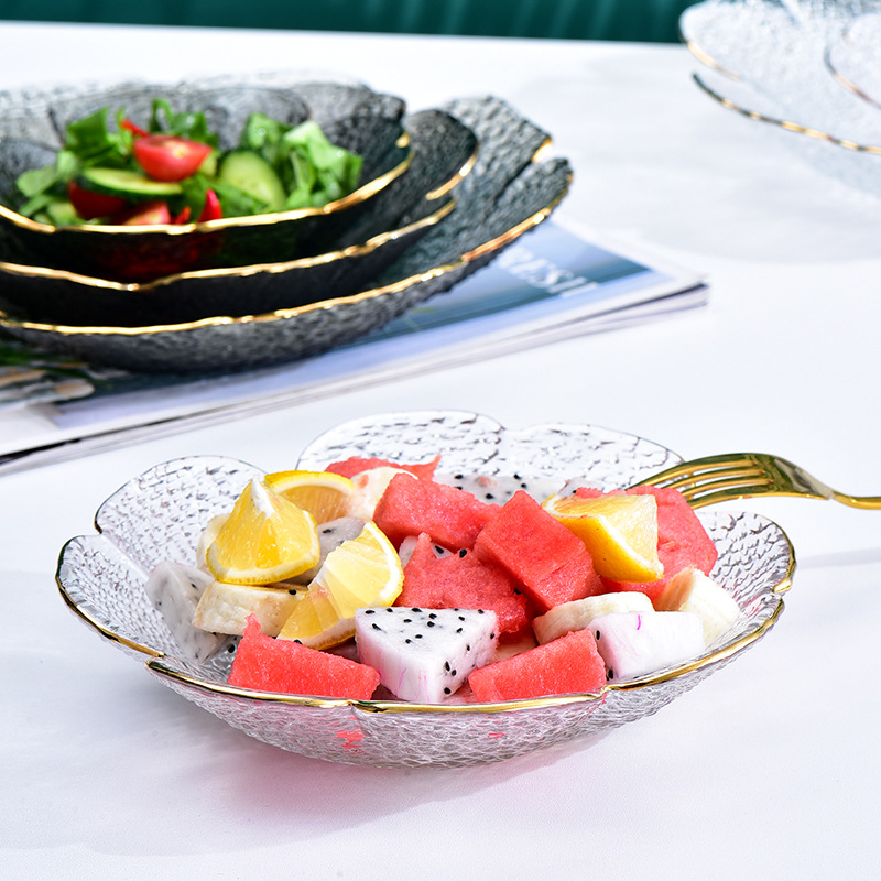 北歐簡約家用透明金邊玻璃沙拉碗創意四葉錘紋碗盤碟網紅餐具套裝