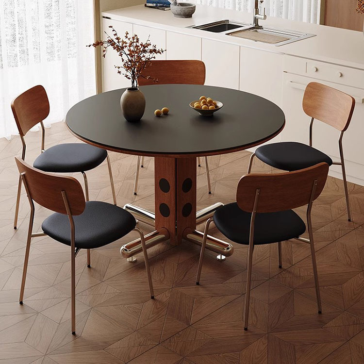 Middle Ancient Round Table Retro Small Apartment Round Table with Metal Legs Nordic Bauhaus Solid Wood Rock Plate Dining Table