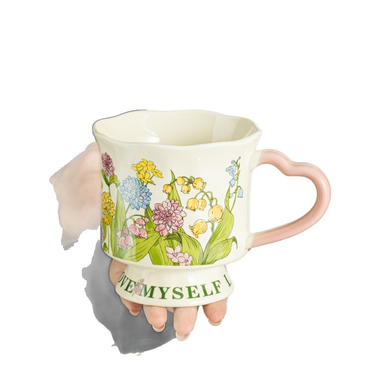 Taza de orquídea de campana de alta calidad taza de cerámica taza de agua de gran capacidad taza de café doméstica de mujer taza de té de oficina