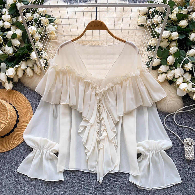 Summer Elegant Lazy Style Socialite Ruffled Trim Flared Sleeve Chiffon Blouse Loose Shirt Women's Clothing Tops_ecoleips.com