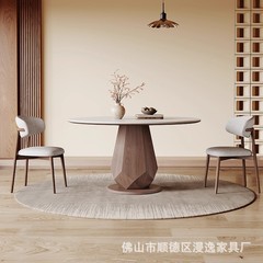 复古纯白岩板餐桌带转盘家用小户型现代简约侘寂中古风实木圆桌
