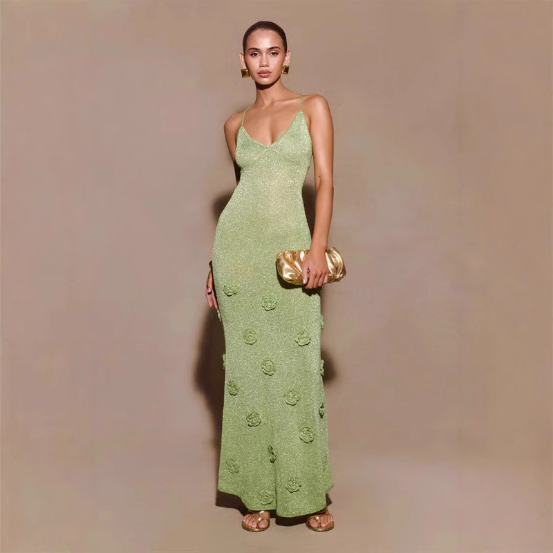 Knitted Suspender Dress, Crocheted Glitter Silk Elegant Long Skirt, Floral Dress