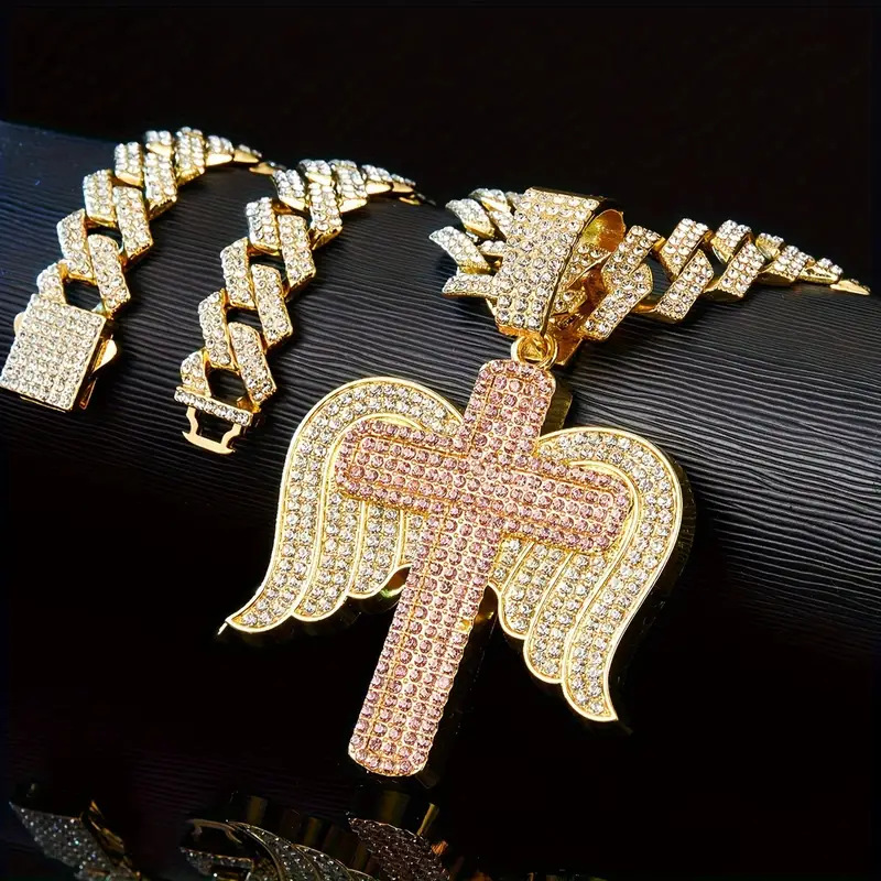 Men's Gender New Rhinestone Personality Diamond Stud Angel Wings Cross Pendant Hip Hop Creative Necklace