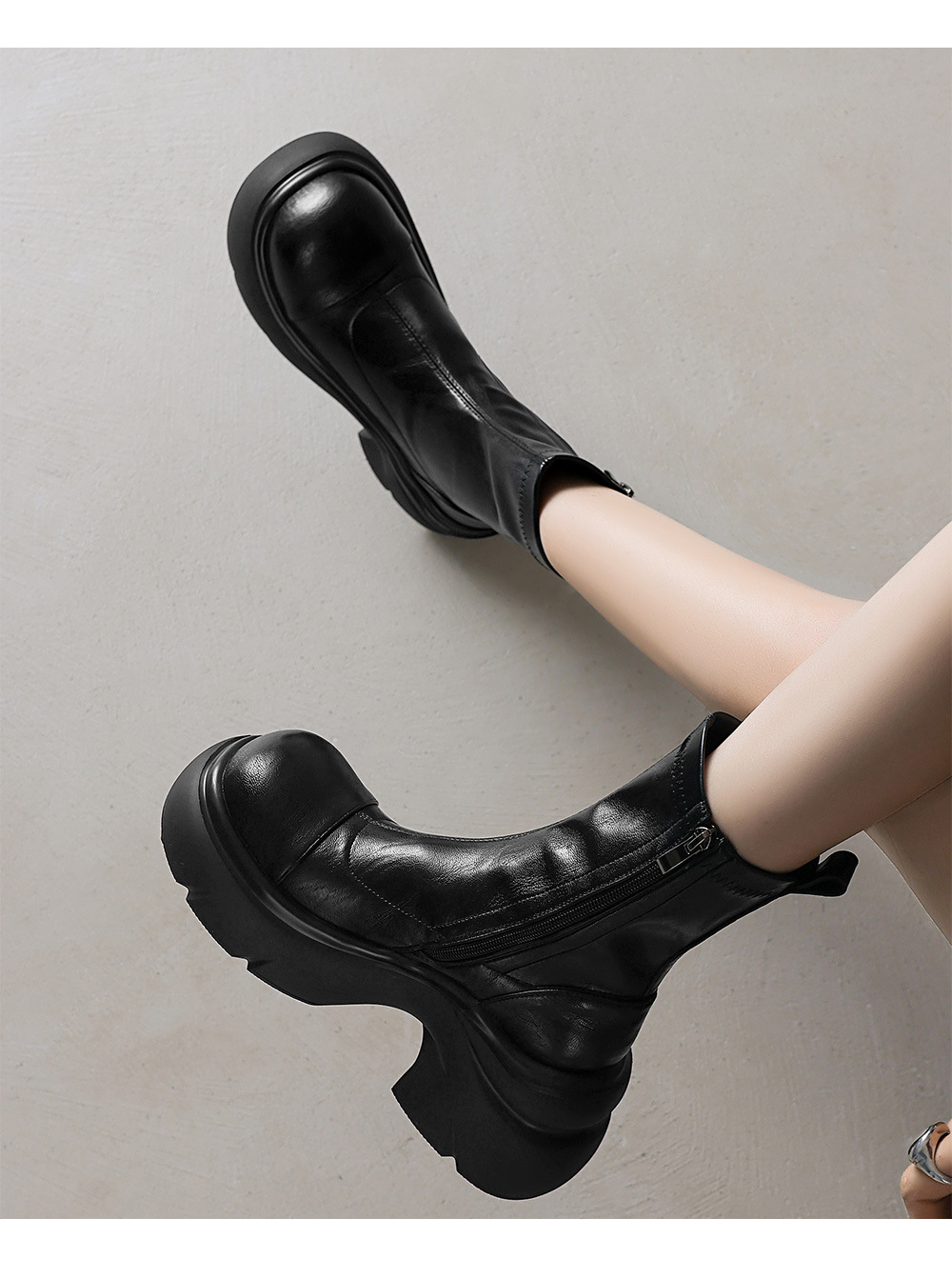 Boot nữ cổ thấp đế dày gót vuông co giãn da thật mùa thu đông — Lớp lót nhung màu nâu, nhung đen, Li đơn màu nâu, Lớp lót đơn màu đen chi tiết 8