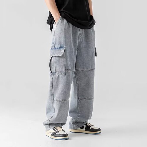 Japanese men's clothing double-layered pocket jeans for spring and autumn retro distressed work pants for men