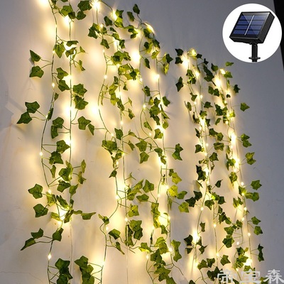 Tled solar energy Lamp string outdoors waterproof courtyard Decorative lamp Green leaf Rattan Copper wire simulation Botany originality