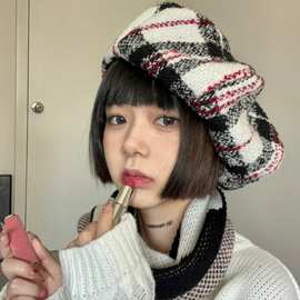 欧美风线呢格子云朵大版贝雷帽女士秋冬韩版复古文艺画家帽子