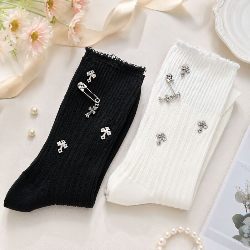Heavy-Duty Decorative Socks, Women's Socks, Hand-Sewn Metal Pin Mid-Calf Socks, Cotton Socks, Ripped Fringe Slouch Socks, European Style Heavy-Duty Decorative Socks, Women's Socks, Hand-Sewn Metal Pin Mid-Calf Socks, Cotton Socks, Ripped Fringe Slouch Socks, European Style