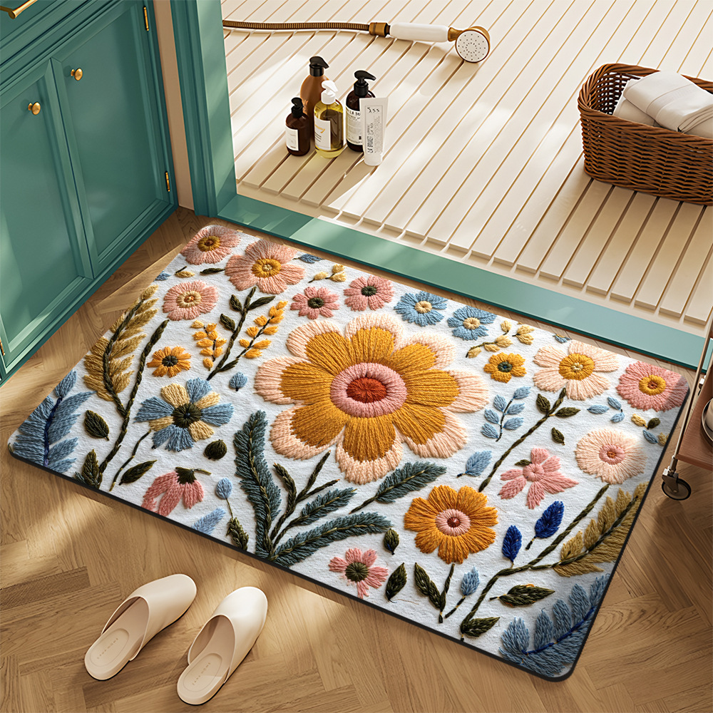 Cross-Border American Floral Crystal Velvet Floor Mats for Home Entrance, Stain-Resistant, Wear-Resistant and Easy-Care Floor Mats, Bathroom Non-Slip Floor Mats