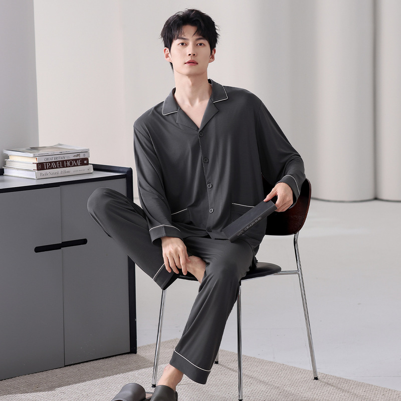 Spring and Autumn Men's Long-Sleeve Modal Pajamas with a Turn-Down Collar, Plus-Size, Young Men's Lazy Style Loungewear Set That Can Be Worn Outside Spring and Autumn Men's Long-Sleeve Modal Pajamas with a Turn-Down Collar, Plus-Size, Young Men's Lazy Style Loungewear Set That Can Be Worn Outside