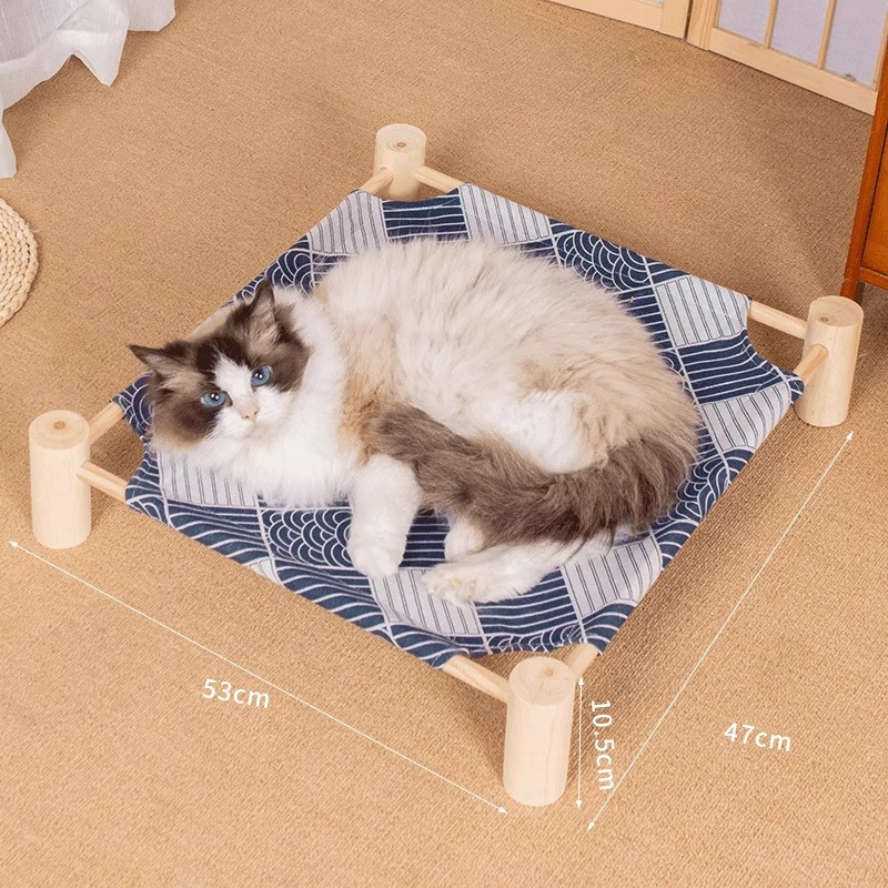 Cama para gatos Cuatro estaciones, desmontable y lavable, nido para gatos, cama de verano suspendida de lino fresco y transpirable, cama de marcha para perros, cómoda de madera