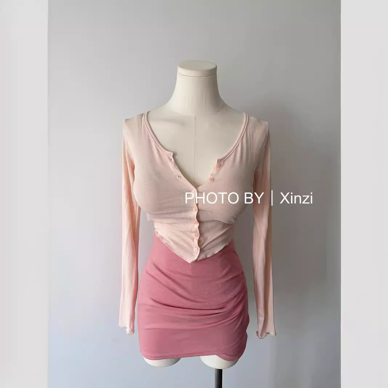 in stock! Hot Sale Super recommend Figure Curved Hem Tight Waist Cardigan Simple Spring and Summer New Solid Color Outer