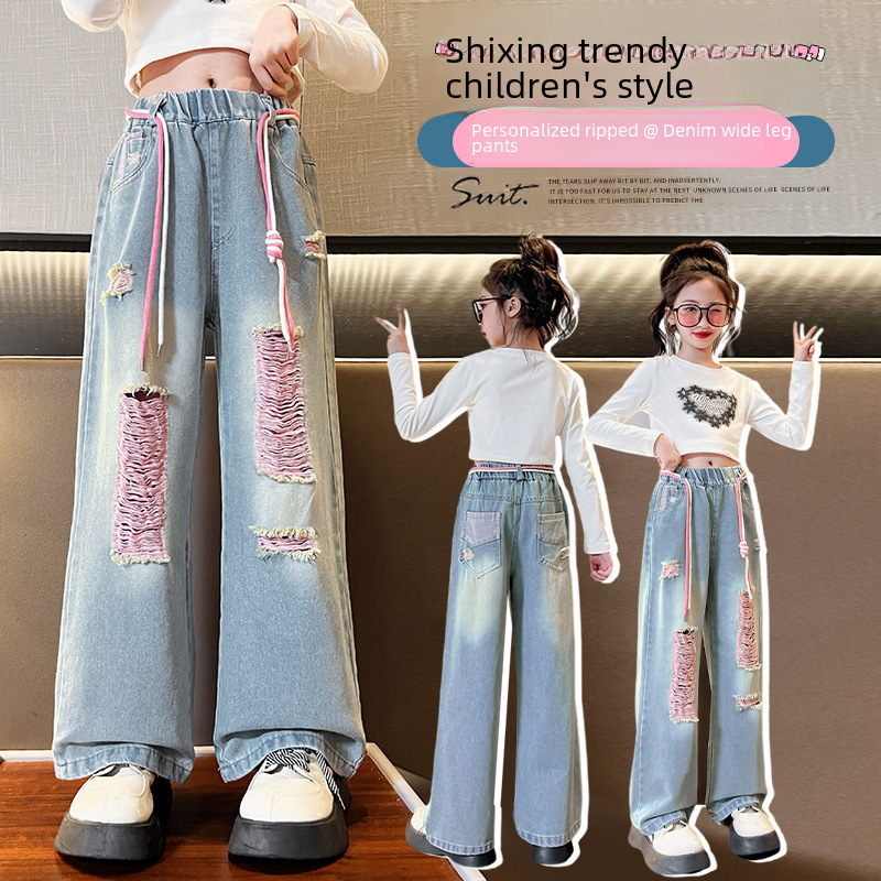 Cross-border girl straight-leg jeans 2023 new Korean version middle child casual ripped wide-leg pants trendy dropshipping one piece