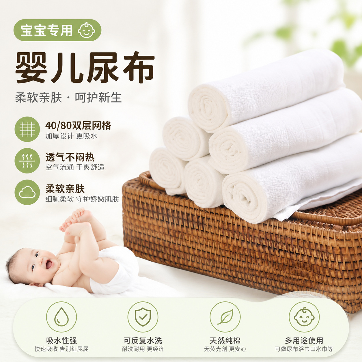 40/80 Double-Layer Mesh Baby Diapers Cotton Gauze Newborn Cotton Diaper Cloth Washable Breathable Soft Sweat-Absorbent Towel