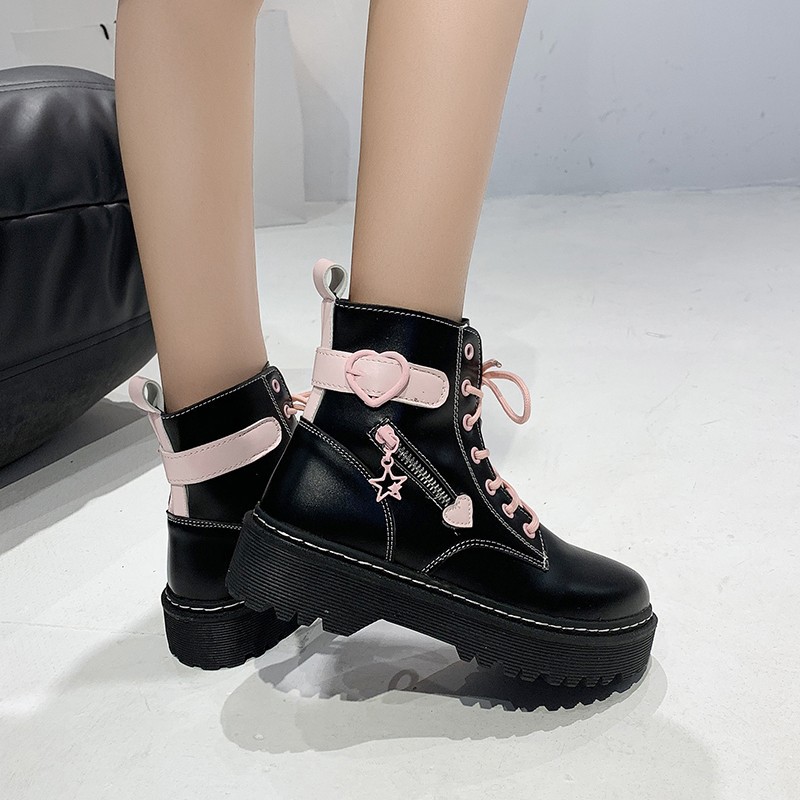 Botas de media pantorrilla para mujer, botas de moda con costuras y cordones delanteros de 4CM de suela gruesa para estudiantes, otoño 2023