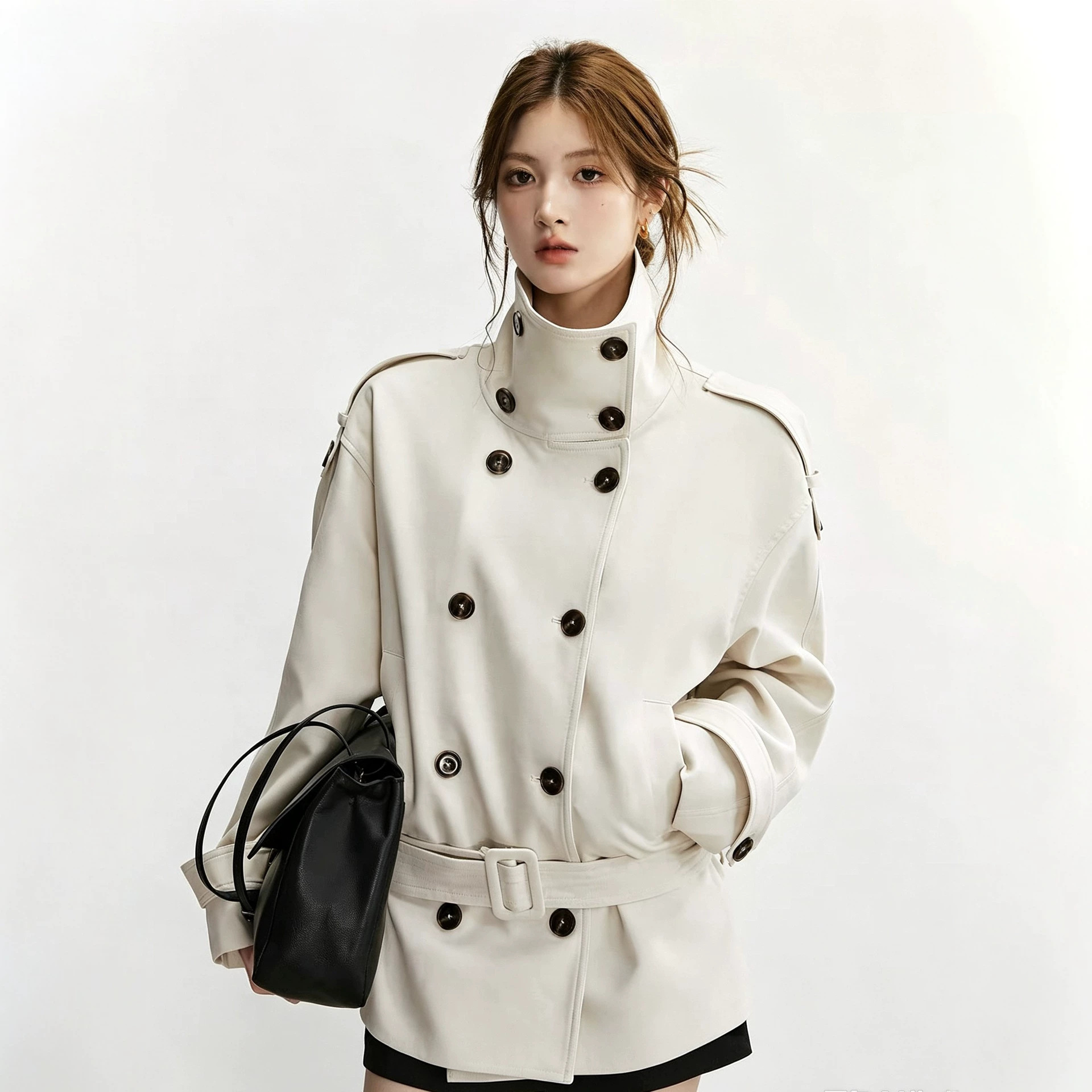 QDQD retro-style double-breasted stand-collar trench coat, autumn belt-waist wool blend, high-end outerwear