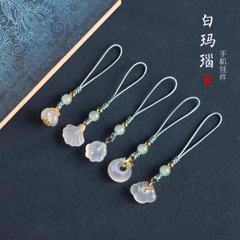 天然冰种白玉髓玛瑙如意锁手机链吊坠 中国风古风挂件包包挂件