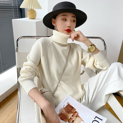 Dark Green Elastic High Neck Korean Style New Autumn and Winter Wear Loose Lazy Pullover Thickened Inner Knitted Base Shirt