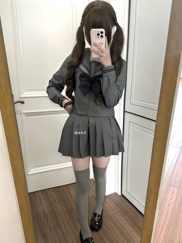 JK制服新款灰二本水手服长袖短袖基础款学院风穿搭百搭短裙一整套|undefined