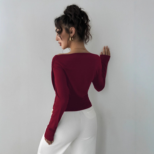 European and American cross-border 2025 autumn and winter new solid color fashion off-shoulder collar off-shoulder slim long sleeves versatile commuter top