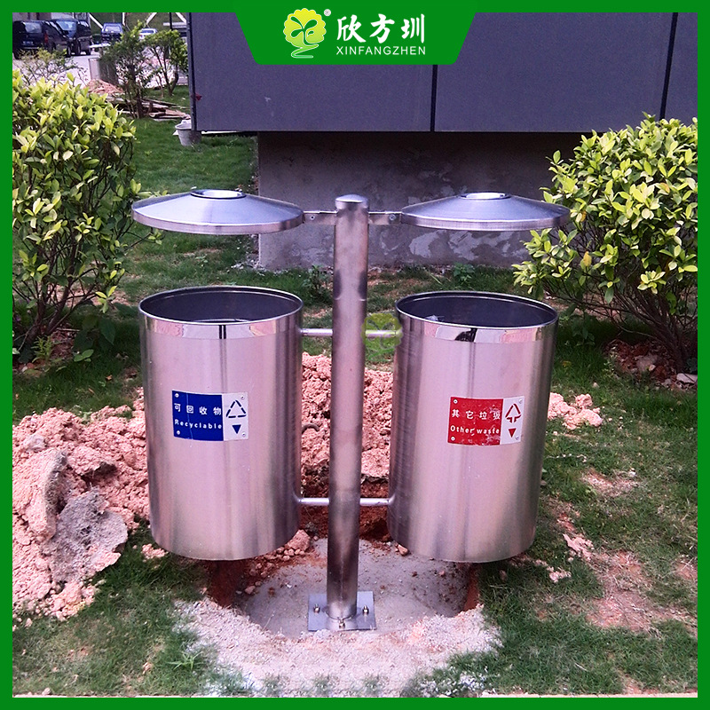 户外圆柱形不锈钢双分类垃圾桶环卫清洁果皮箱市政景区厂家批发