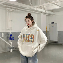 秋冬季加绒加厚字母刺绣卫衣女2024新款美式设计感高级感连帽上衣