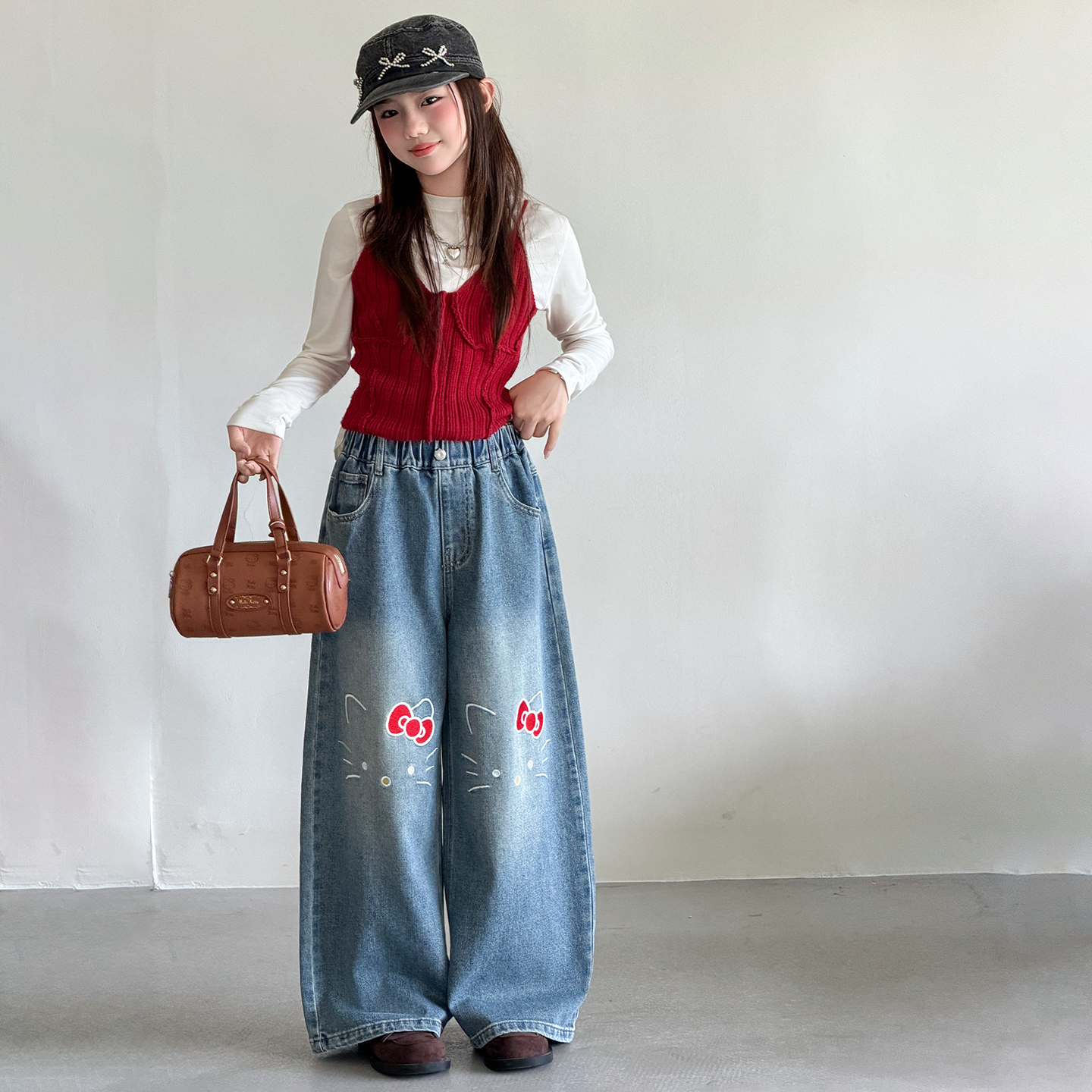 女童牛仔裤春秋款2026新款女孩猫咪刺绣阔腿裤中大童宽松百搭裤子
