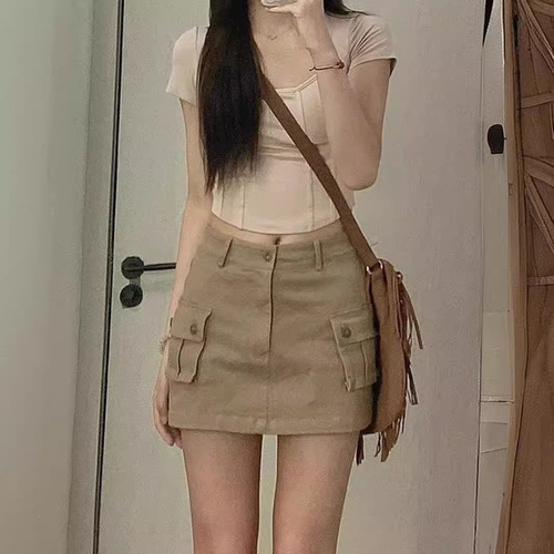 Women's Workwear Half-Skirt 2024 Summer New Fashion High-Waist Khaki Color Slimming Hot Girl A-Line Skirt Bustier Short Skirt