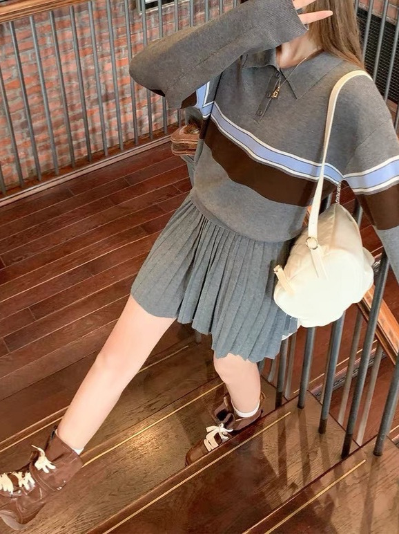 韩系学院风灰色polo领条纹针织衫女秋长袖毛衣上衣裙子套装|undefined