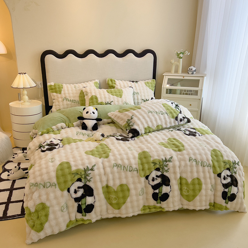 Rabbit plush bed four-piece set thickened milk plush quilt cover bed sheet three-piece set winter bedding_voghion.com