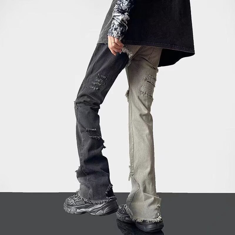 Patchwork Color Block Ripped Jeans For Men Spring And Autumn American High Street Style Slightly Flared Slim Straight_voghion.com