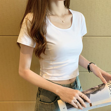 短款露脐t恤女短袖白色漏脐纯棉紧身高腰性感设计小个子上衣夏季