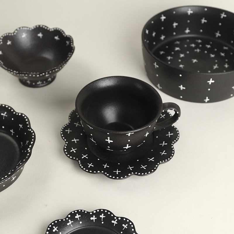 Japanese Hand-Painted Embossed Light Luxury Retro Stoneware Simple Set Cups, Plates and Dishes