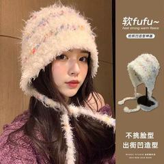彩色豆豆毛绒帽子女秋冬保暖护耳毛线帽显脸小百搭系带针织包头帽
