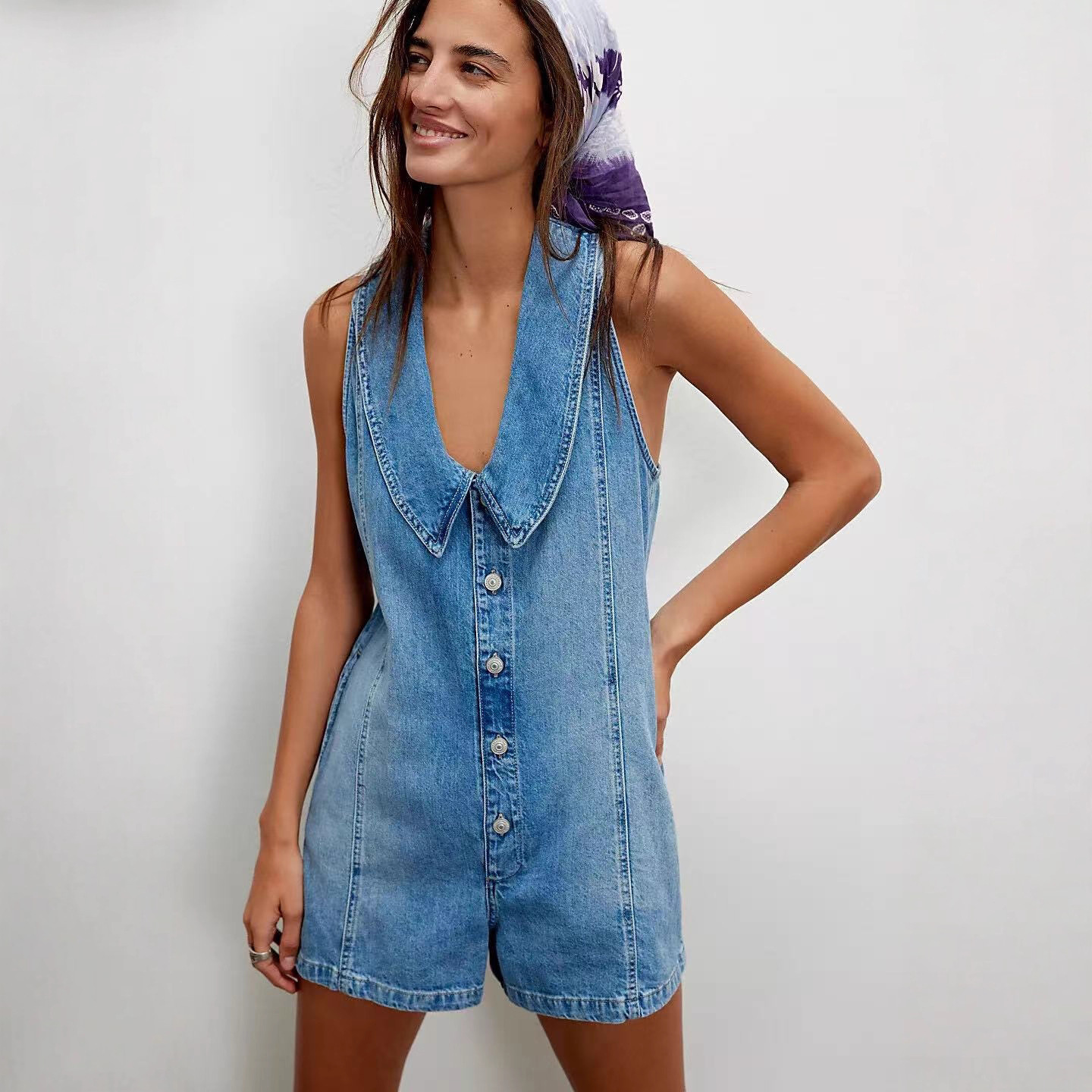 2025 European and American Cross-Border Export Women's Summer New Independent Station Casual Washed Doll Collar Denim Jumpsuit for Women
