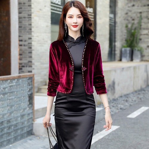 Gold Velvet Jacket to Wear with a Cheongsam Dress, Women's Autumn and Winter Shawl, Outerwear Cardigan, Blazer Top