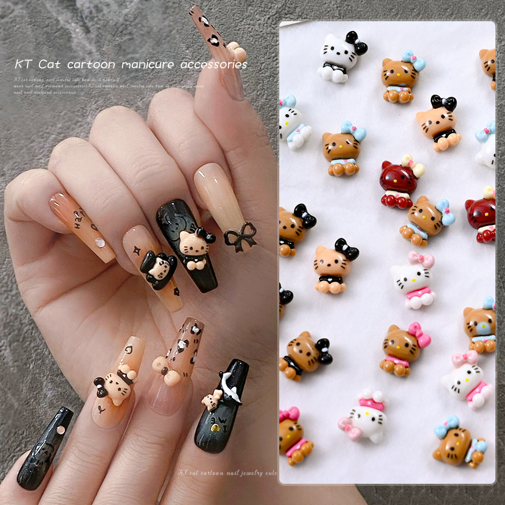Cross-Border Black Kt Cat Nail Art Accessories Summer Sweet Girl 3D Hello Kitty Resin Cartoon Cute Nail Decorations