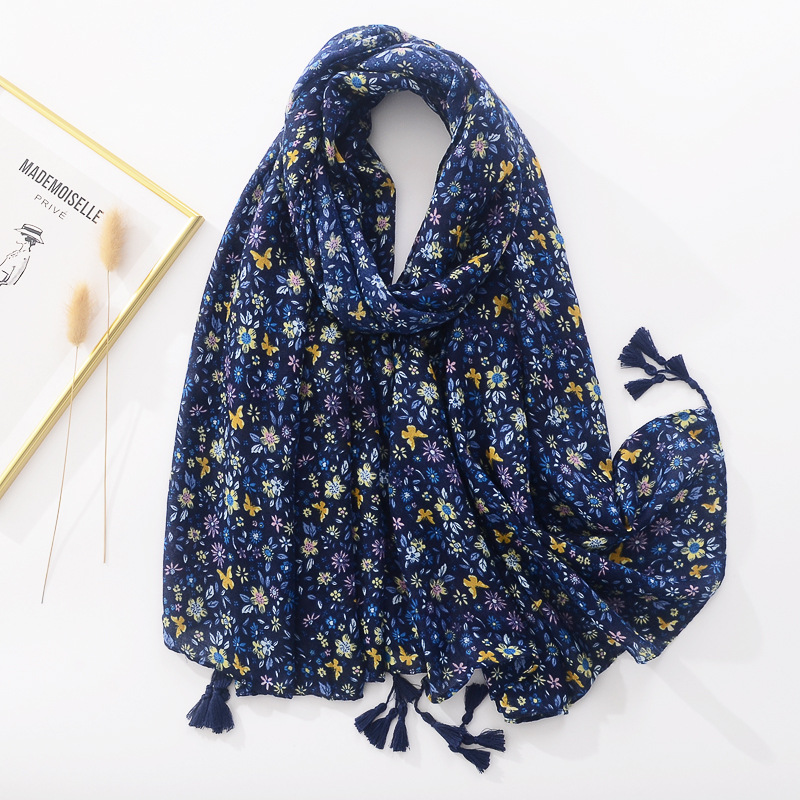Vintage estilo étnico púrpura mariposa azul pequeña bufanda de seda floral cáñamo impreso artístico todo-fósforo chal de algodón y lino sensación bufanda